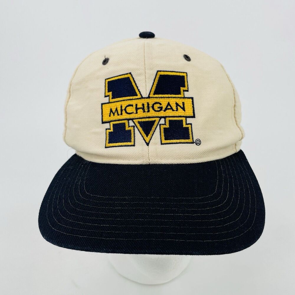 VTG New Era Hat Michigan Wolverines Snapback Cap Pro Model Cream Blue Korea